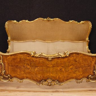 Antique Italian bed in golden and inlaid wood