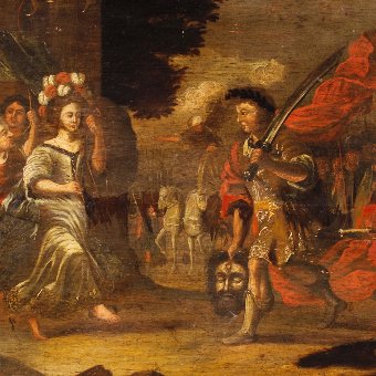 Antique Antique Flemish painting David's Triumph  of the 18th Century