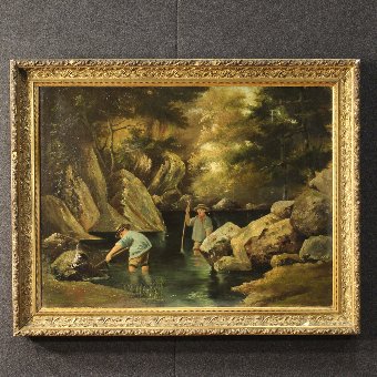 French signed painting Children at the river dated 1885