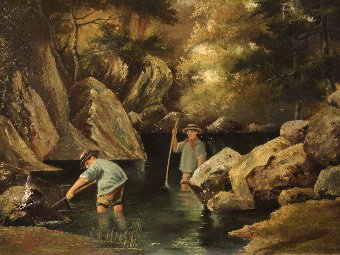 Antique French signed painting Children at the river dated 1885