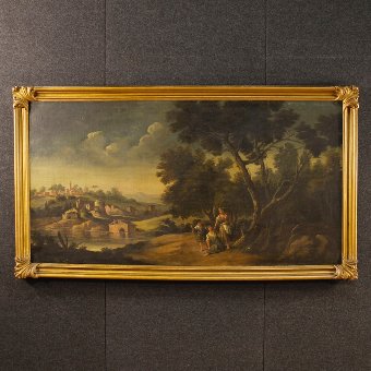 Antique painting landscape with characters and architecture of the 19th century