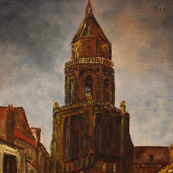 Antique Dutch signed painting View of cathedral