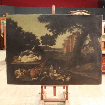 Antique Italian painting landscape with ruins and game of the 18th century