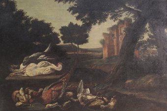 Antique Antique Italian painting landscape with ruins and game of the 18th century
