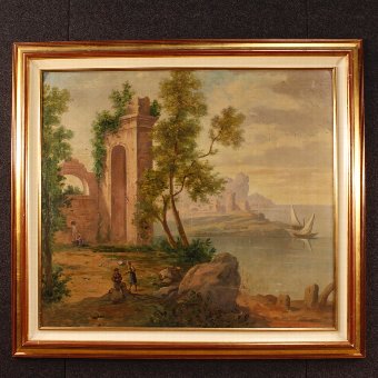 Italian painting seascape with ruins and characters