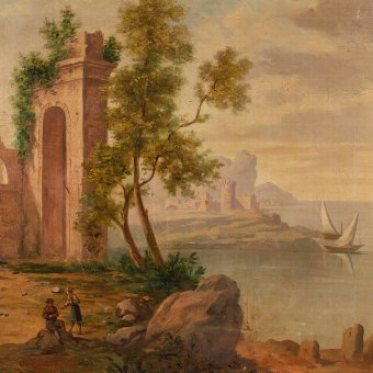 Antique Italian painting seascape with ruins and characters