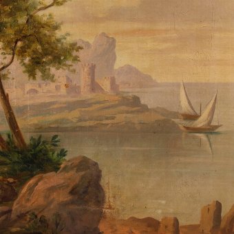 Antique Italian painting seascape with ruins and characters