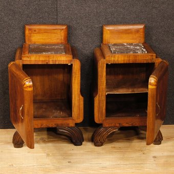 Antique Pair of Italian bedside tables in Art Deco style in walnut with marble top