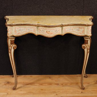 Antique Italian lacquered, gilded and painted console with marble top