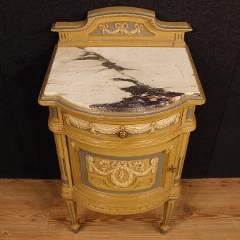 Antique Pair of lacquered Italian bedside tables with marble top in Louis XVI style