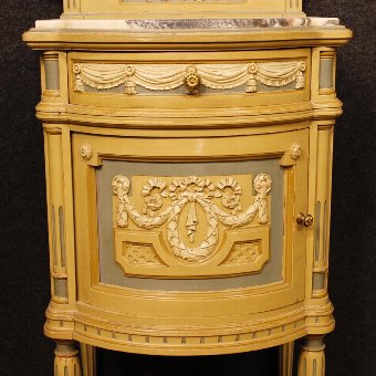 Antique Pair of lacquered Italian bedside tables with marble top in Louis XVI style
