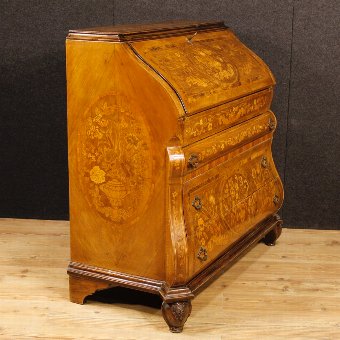 Antique Dutch bureau in inlaid wood with three drawers