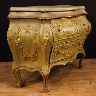 Antique Venetian dresser in lacquered and gilded wood with two drawers
