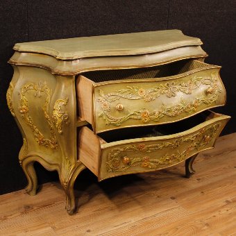 Antique Venetian dresser in lacquered and gilded wood with two drawers