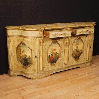 Antique Venetian lacquered and painted sideboard with floral decorations