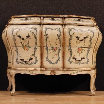 Antique Venetian lacquered, painted and silvered chest of drawers