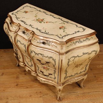 Antique Venetian lacquered, painted and silvered chest of drawers