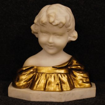Antique Child bust sculpture in marble and gilded bronze signed G. Van Vaerenbergh