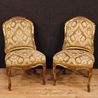Pair of golden French chairs in damask velvet