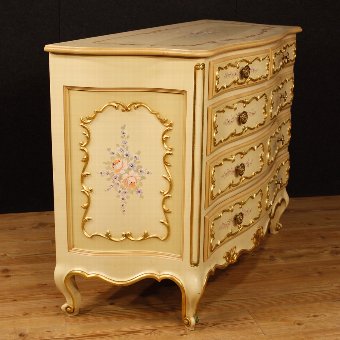 Antique Italian lacquered, gilded and painted chest of drawers with 5 drawers