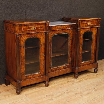 English inlaid sideboard in burl walnut, maple and rosewood
