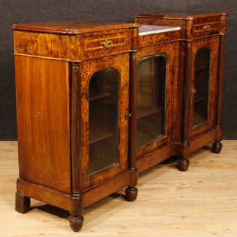 Antique English inlaid sideboard in burl walnut, maple and rosewood