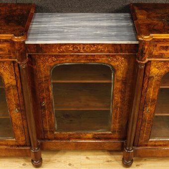 Antique English inlaid sideboard in burl walnut, maple and rosewood