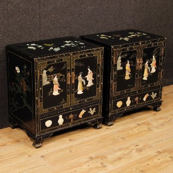 Pair of French bedside tables in lacquered and painted chinoiserie wood