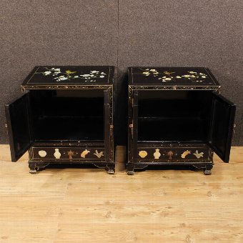 Antique Pair of French bedside tables in lacquered and painted chinoiserie wood