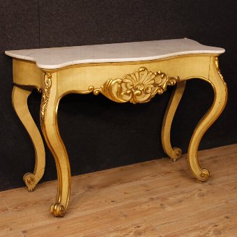 Italian console in lacquered and gilded wood with marble top