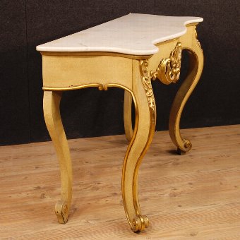 Antique Italian console in lacquered and gilded wood with marble top