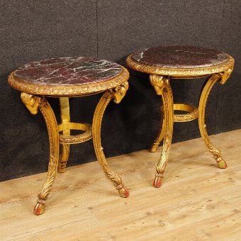 Pair of French side tables in golden wood with marble top