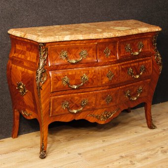 French chest of drawers in rosewood with marble top and golden bronzes