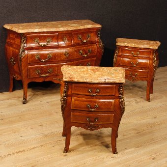 Antique French chest of drawers in rosewood with marble top and golden bronzes