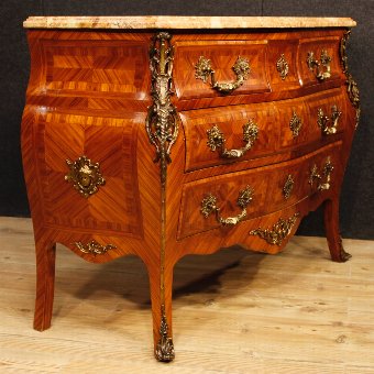 Antique French chest of drawers in rosewood with marble top and golden bronzes