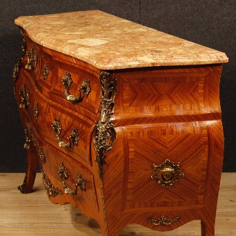 Antique French chest of drawers in rosewood with marble top and golden bronzes