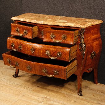 Antique French chest of drawers in rosewood with marble top and golden bronzes