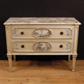 Antique Italian lacquered dresser with marble top in Louis XVI style
