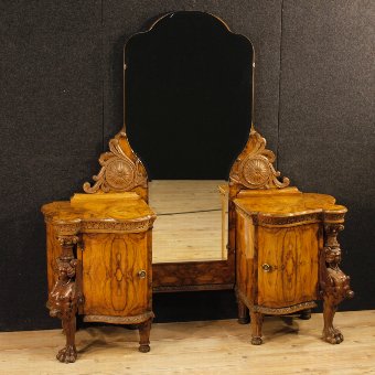 Italian cheval mirror in walnut and burl walnut wood