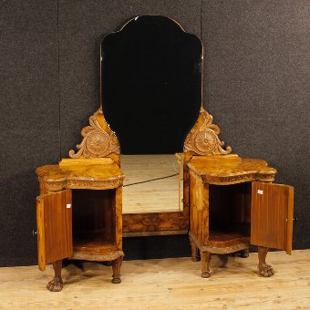 Antique Italian cheval mirror in walnut and burl walnut wood