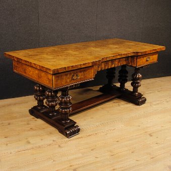 Italian writing desk in walnut, burl walnut and mahogany