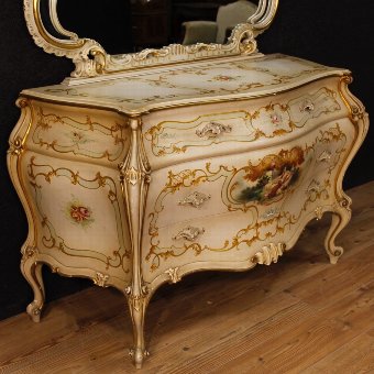 Antique Venetian dresser with mirror in lacquered, gilded and painted wood