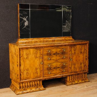 Italian sideboard with mirror in burl walnut in Art Deco style