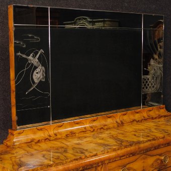 Antique Italian sideboard with mirror in burl walnut in Art Deco style