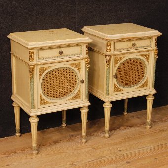 Italian lacquered bedside tables with marble top in Louis XVI style