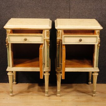 Antique Italian lacquered bedside tables with marble top in Louis XVI style