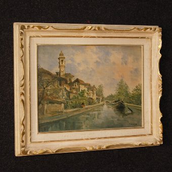 Italian landscape painting river view in Impressionist style