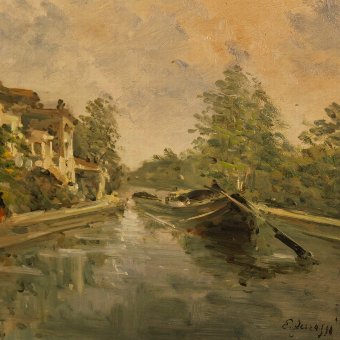 Antique Italian landscape painting river view in Impressionist style