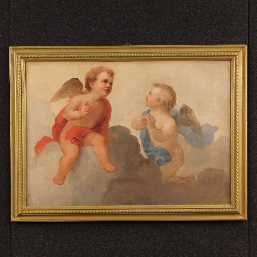 Antique Italian painting depicting pair of little angels