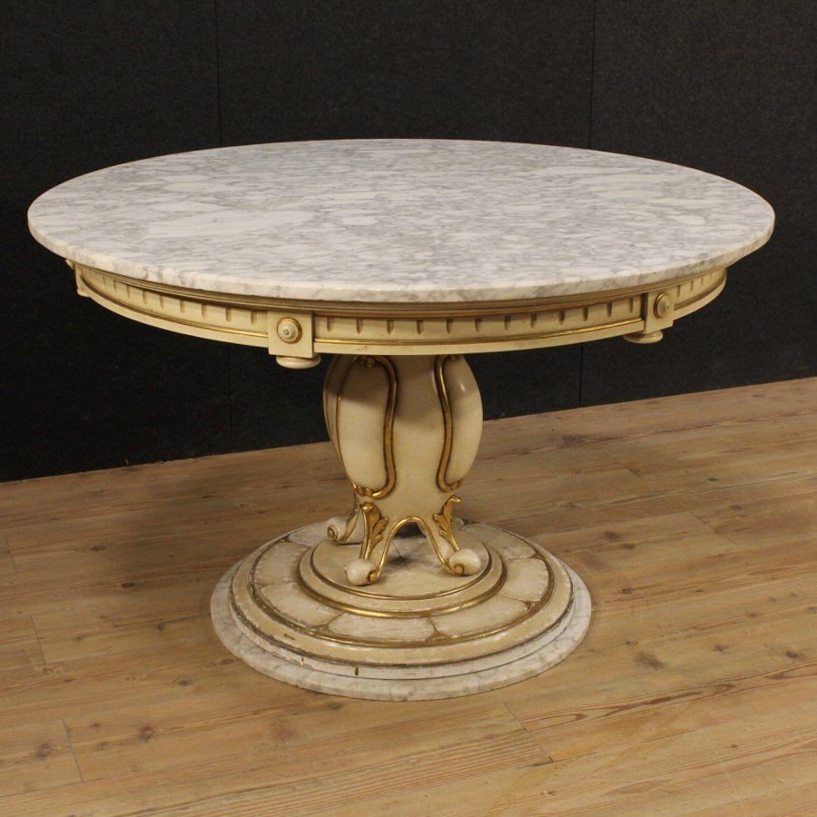 Antique Great French lacquered and gilded table with top and base in marble